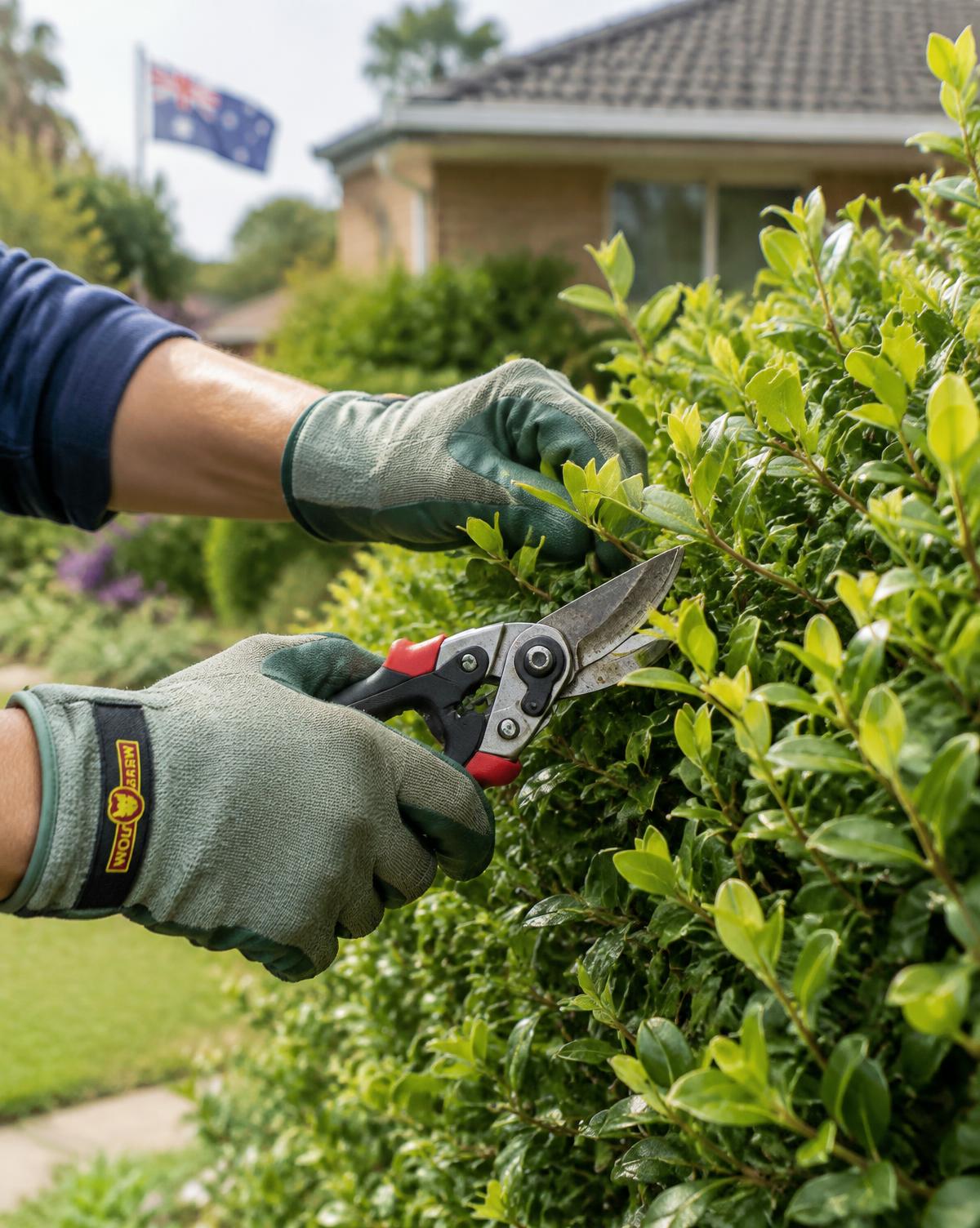 Gloved hands pruning a hedge with secateurs